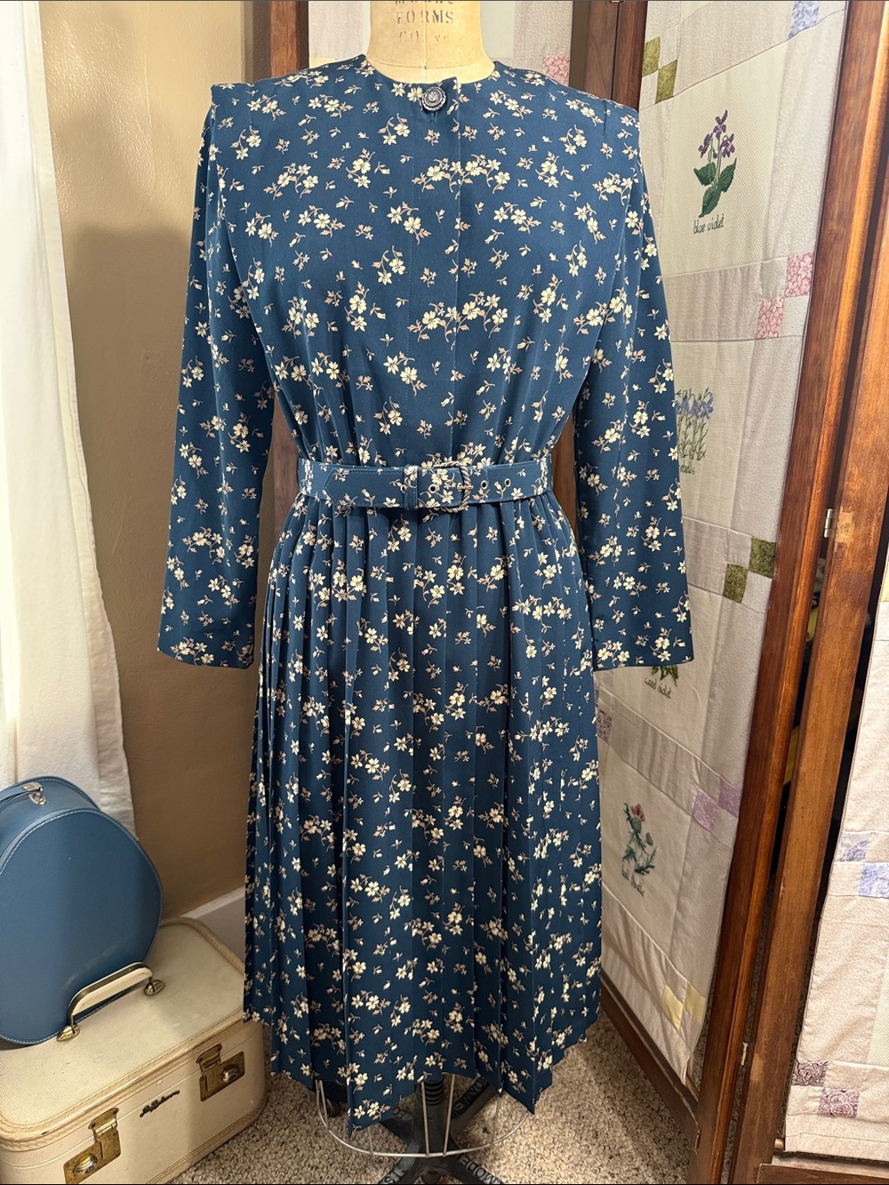 Vintage 1990s Leslie Fay Blue Floral Pleated Midi Dress Belted Long Sleeve